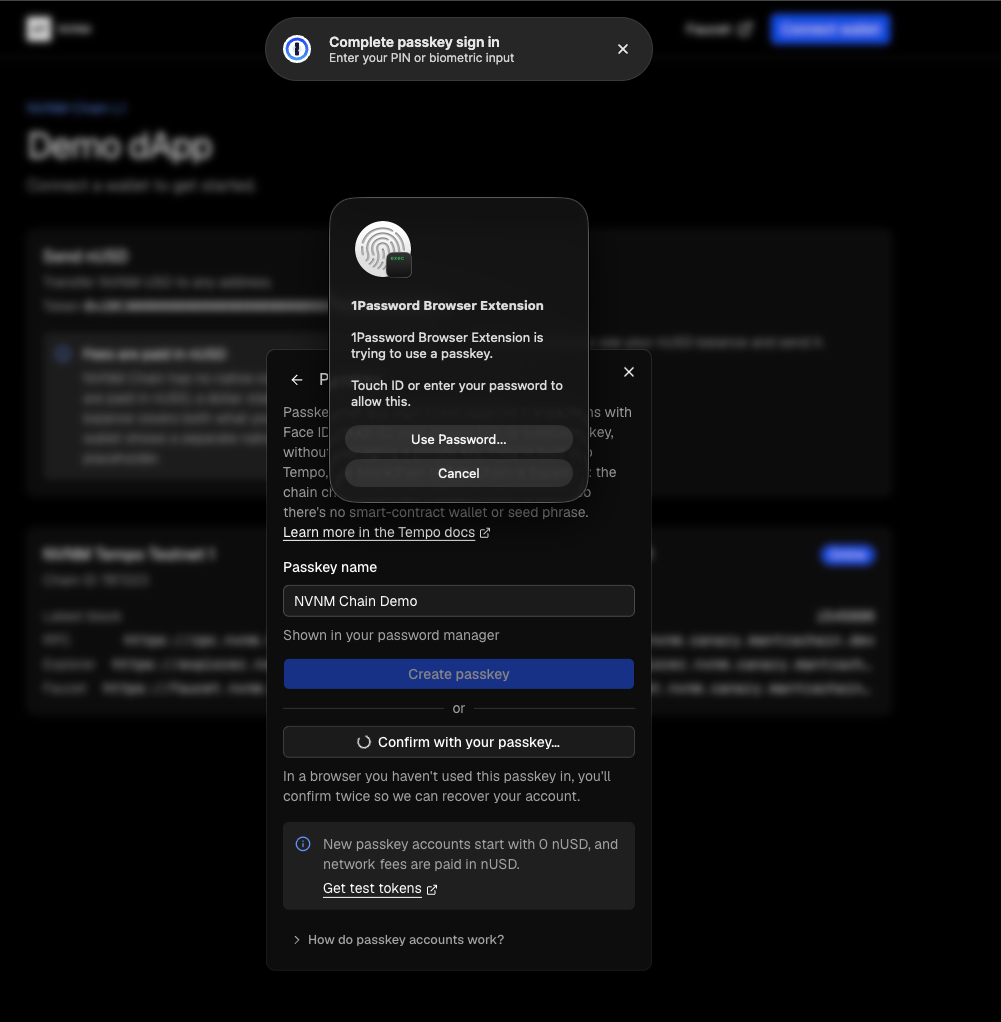 The demo dApp's passkey view during sign-in. The 1Password browser extension asks for Touch ID or a password to use a passkey, while the dApp shows "Confirm with your passkey…"